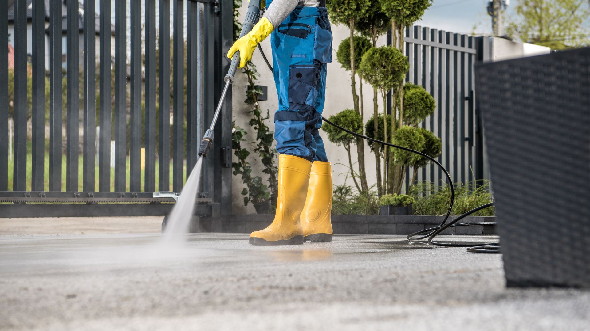 Person in yellow boots using pressure washer to clean outdoor concrete surface
